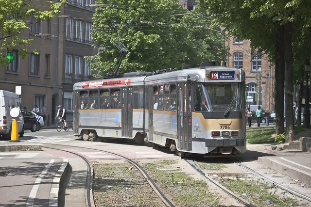 Een grijs met oranje tram van lijn 19 rijdt over de rails tussen bomen in een straat in Brussel.