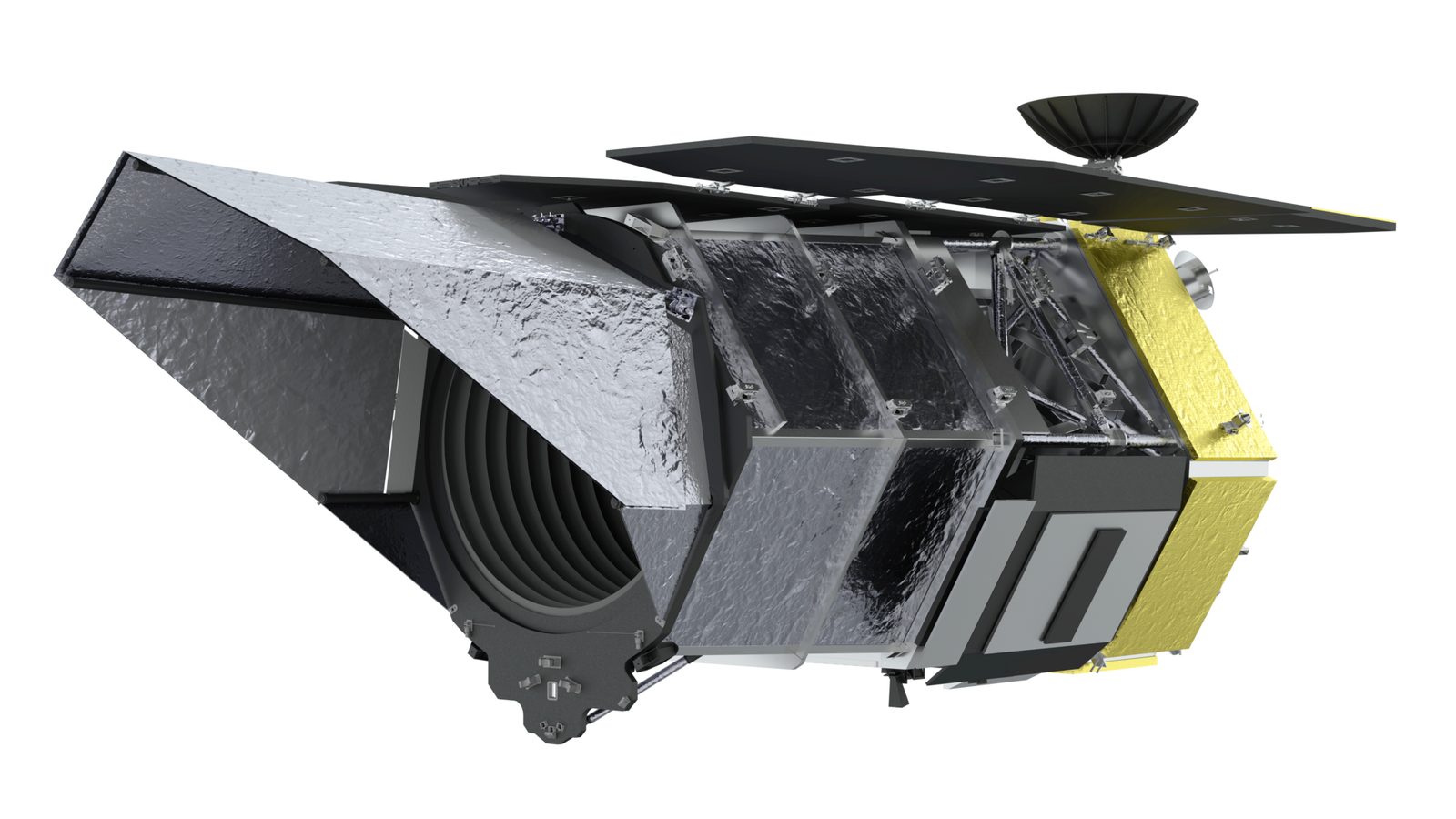 Een digitaal model van de Roman-ruimtetelescoop met zilverkleurige panelen, een zonnepaneel en een kleine antenne tegen een zwarte achtergrond.