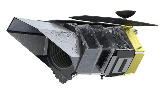 Een digitaal model van de Roman-ruimtetelescoop met zilverkleurige panelen, een zonnepaneel en een kleine antenne tegen een zwarte achtergrond.