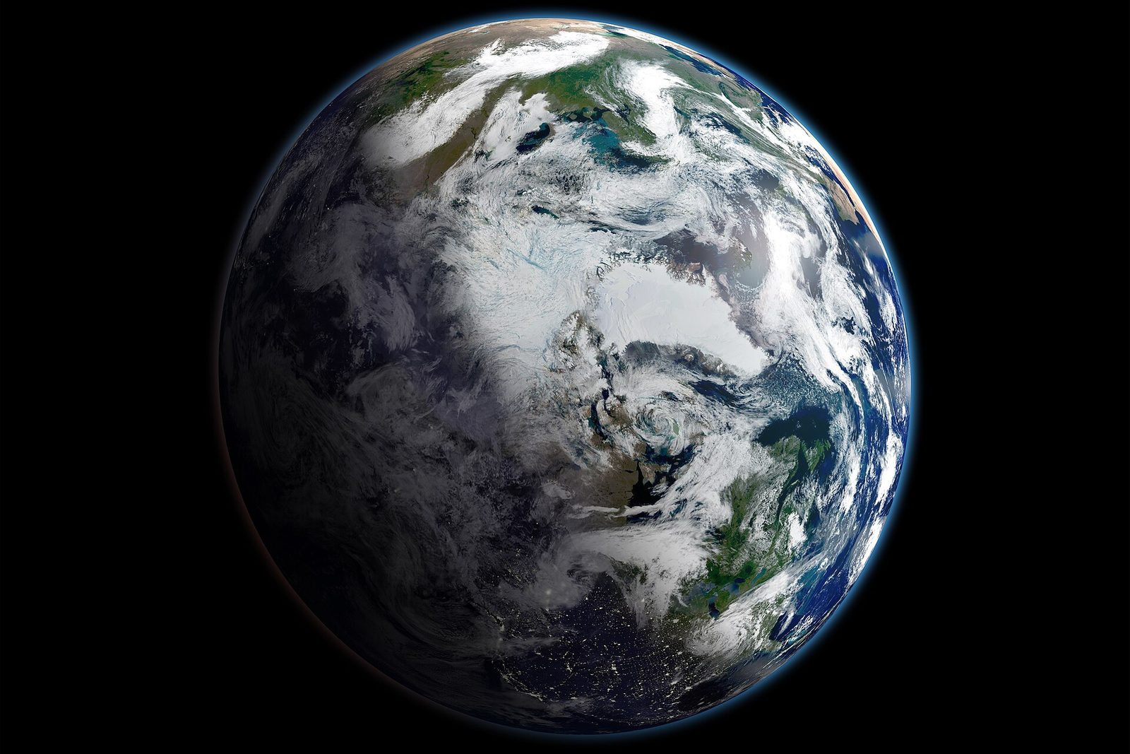 Satellietfoto van de aarde van bovenaf, met het witte ijs en de wolken rond de Noordpool.