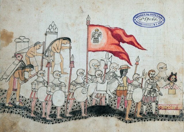 Een oude getekende bladzijde met Azteken, soldaten in helmen met speren en een rode vlag.