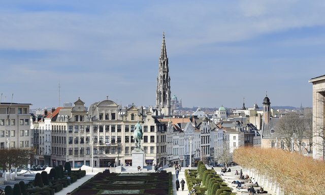 Uitzicht over Brussel met oude gebouwen, een hoge kerktoren en een tuin op de voorgrond onder een blauwe lucht.