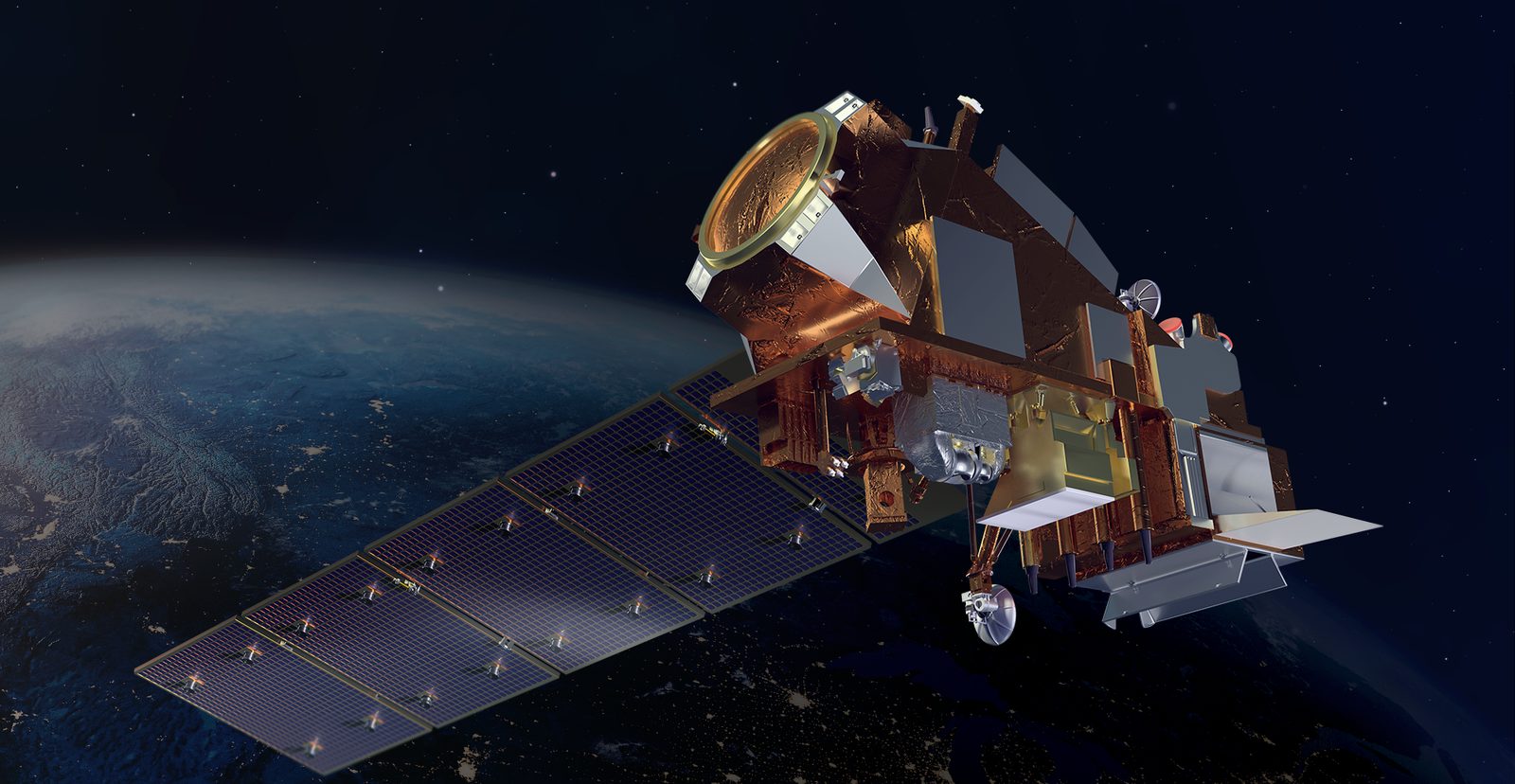 Een getekende satelliet met zonnepanelen zweeft in de ruimte boven de aarde.